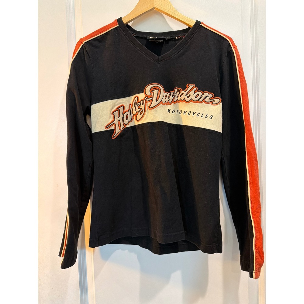 Harley-Davidson Womens Long Sleeve V-Neck Shirt Black Orange Colorblock Large